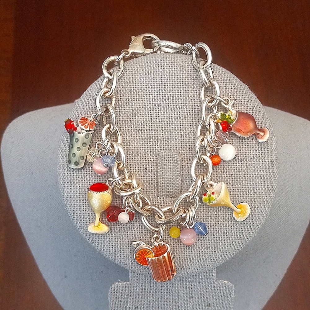 Vintage Cocktail Charm Bracelet 7.5" Multi Colored